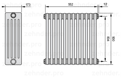 Схема (чертеж) Радиатор Zehnder Charleston 5090/12 №7610 Белый глянцевый RAL 9016